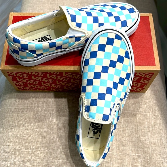 🎁🛹 Vans Slip-On Checkerboard Blue Topaz Sneaker - UNISEX WOMENS 8.0 | MENS 6.5 - Picture 2 of 7